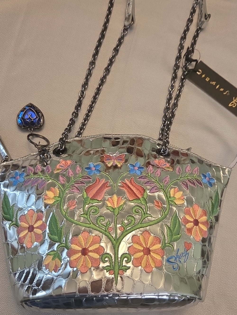 NWT Sharif Silver Floral Embroidered   LEATHER Shoulder Bag